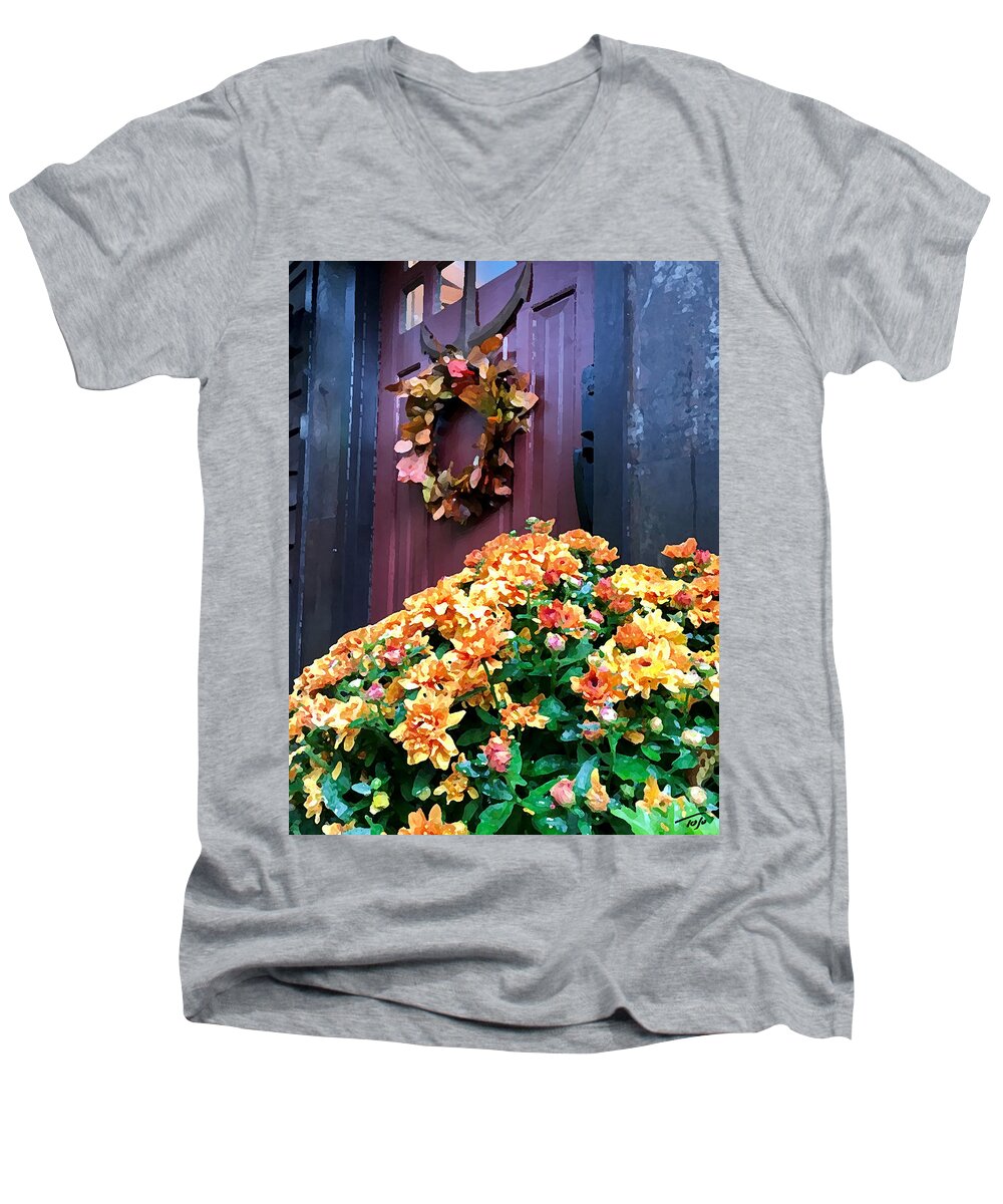 Fall Men's V-Neck T-Shirt featuring the photograph Wreath and Mum by Tom Johnson