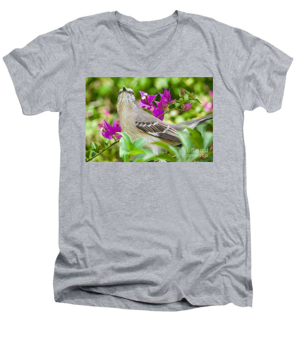 Birds Men's V-Neck T-Shirt featuring the photograph Mockingbird and Flowers by Judy Kay