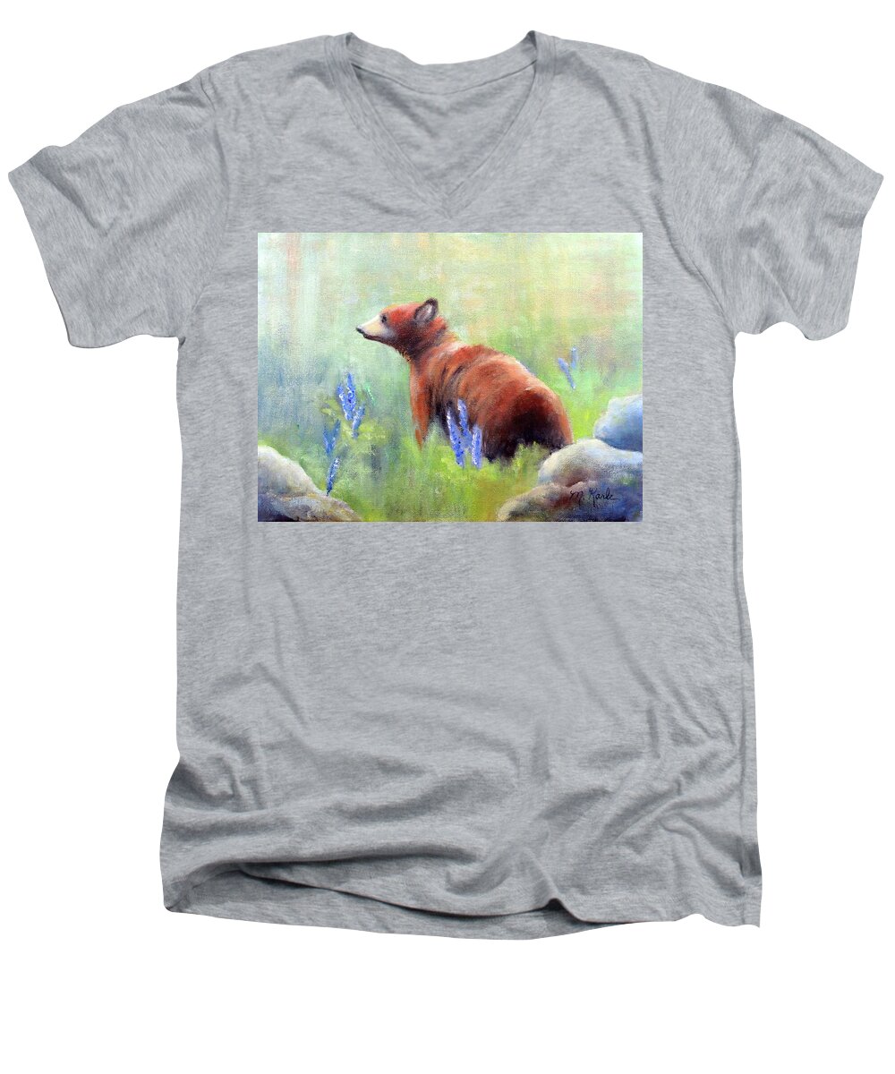 Yellowstone Men's V-Neck T-Shirt featuring the painting Yellowstone Black Bear by Marsha Karle
