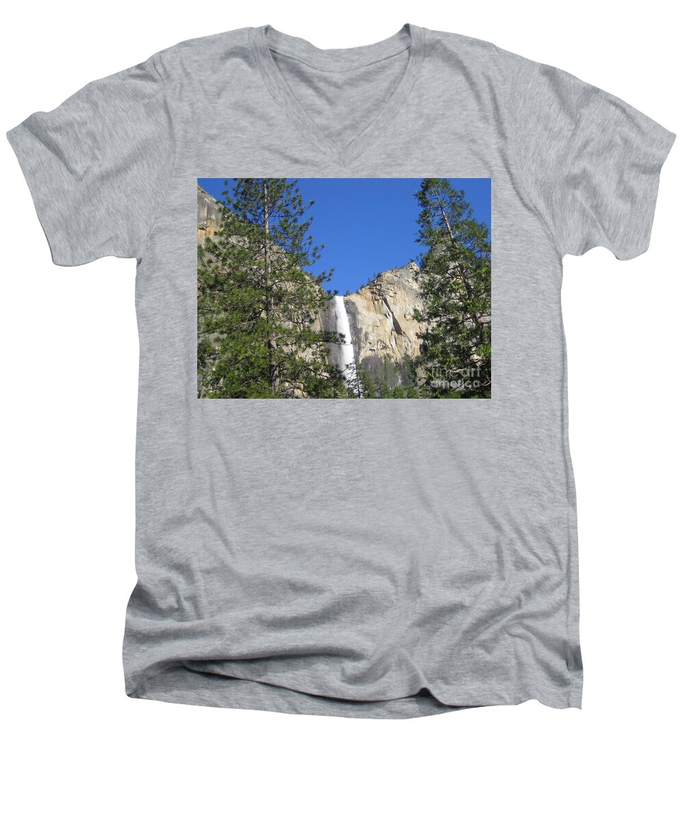 Yosemite Men's V-Neck T-Shirt featuring the photograph Yosemite National Park Bridal Veil Falls Water Fall View with Twin Trees by John Shiron