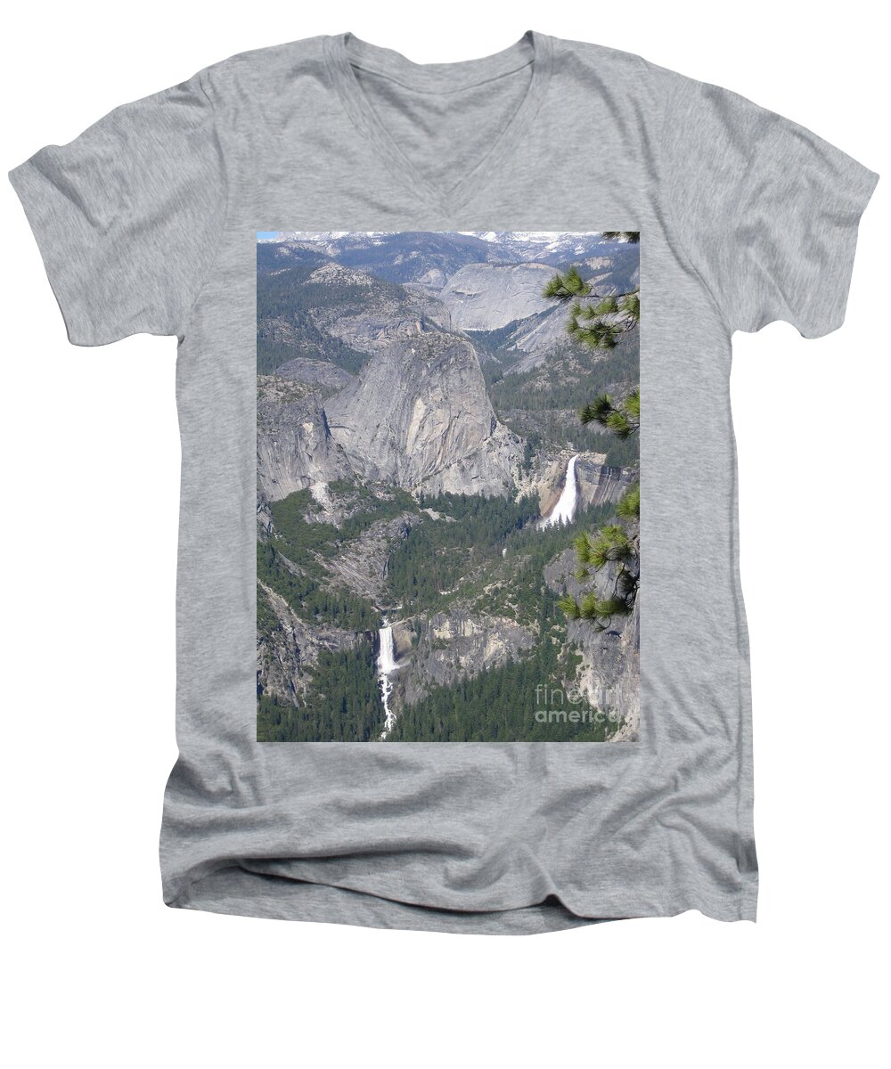 Yosemite Men's V-Neck T-Shirt featuring the photograph Yosemite National Park Glacier Point Overlooking Twin Water Falls and Snow Capped Mountains by John Shiron