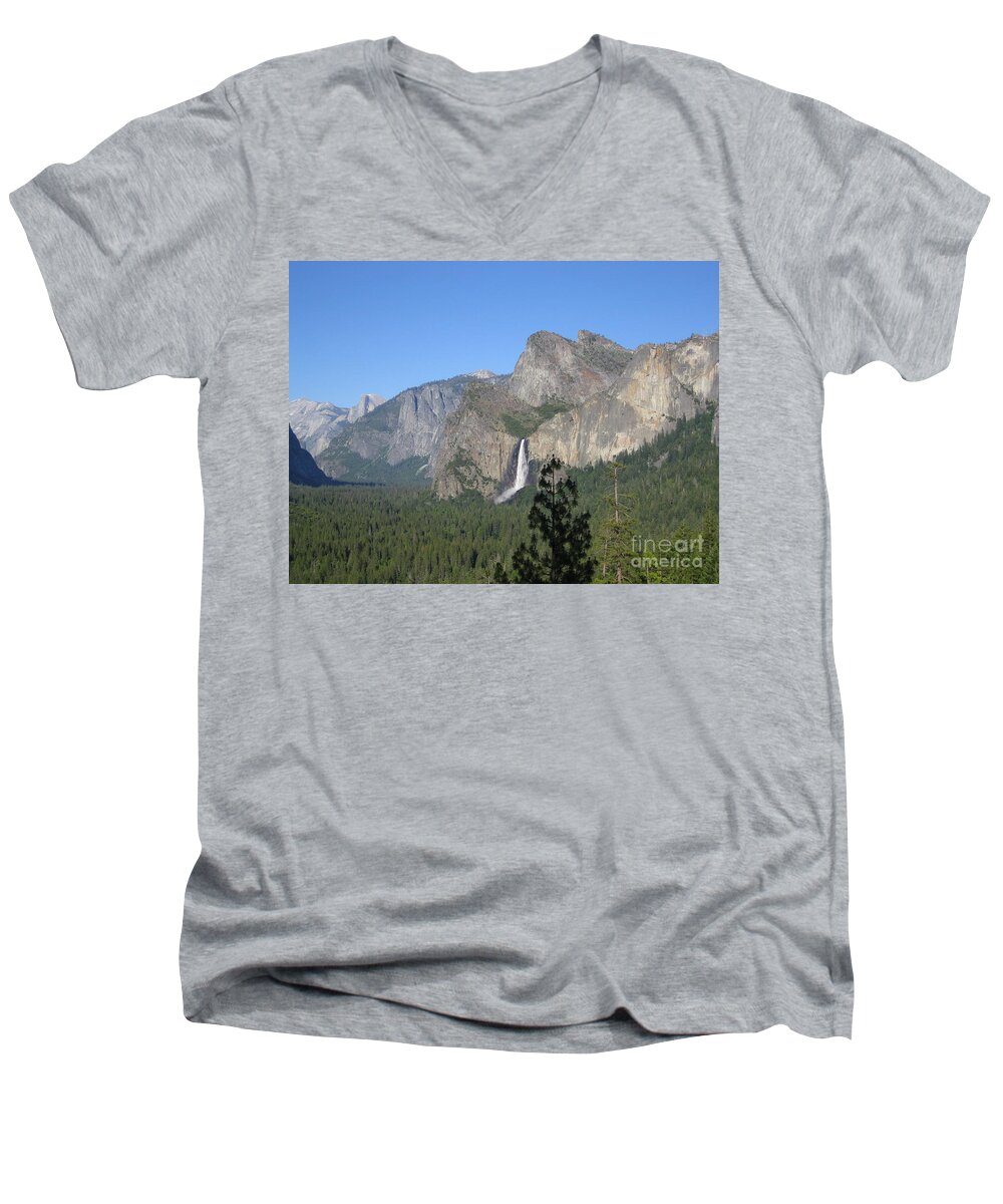 Yosemite Men's V-Neck T-Shirt featuring the photograph Yosemite Valley Yosemite National Park Bridal Veil Falls and Half Dome A Panoramic View by John Shiron