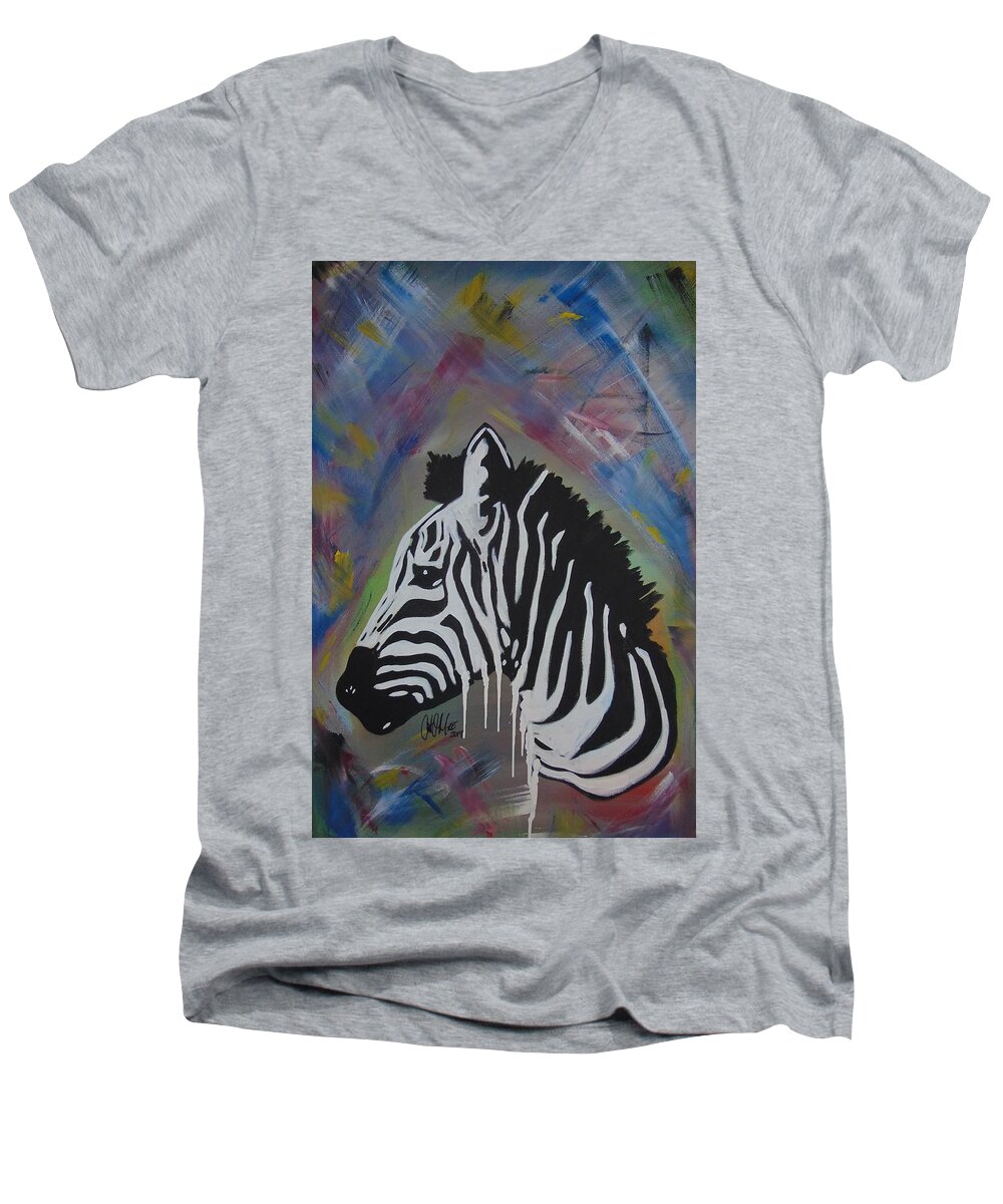 Zebra Men's V-Neck T-Shirt featuring the painting Zebra Drip by Antonio Moore