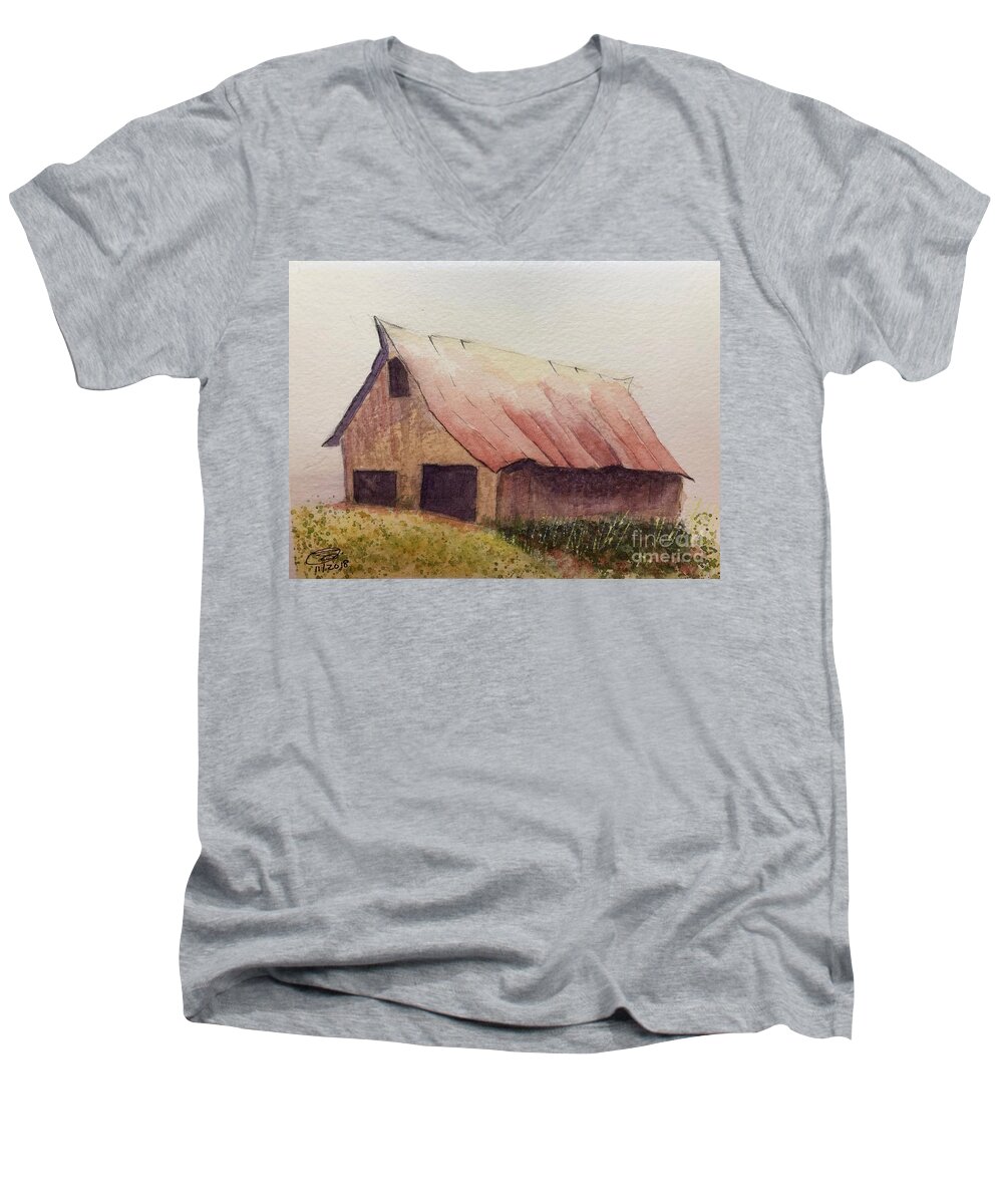 Zeke Men's V-Neck T-Shirt featuring the painting Zeke's Barn by Joel Deutsch