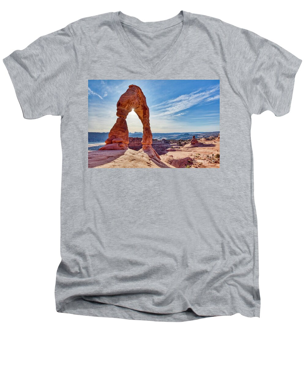 Delicate Arch Arches National Park Utah Men's V-Neck T-Shirt featuring the photograph Delicate Arch Arches National Park Utah #1 by Dustin K Ryan