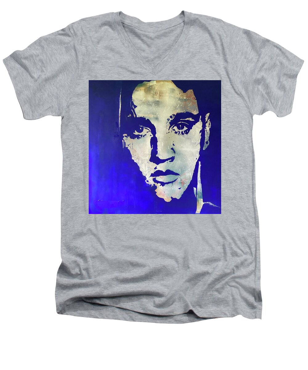 Portrait Men's V-Neck T-Shirt featuring the painting Don't Be Cruel - Elvis Presley #2 by Paul Lovering