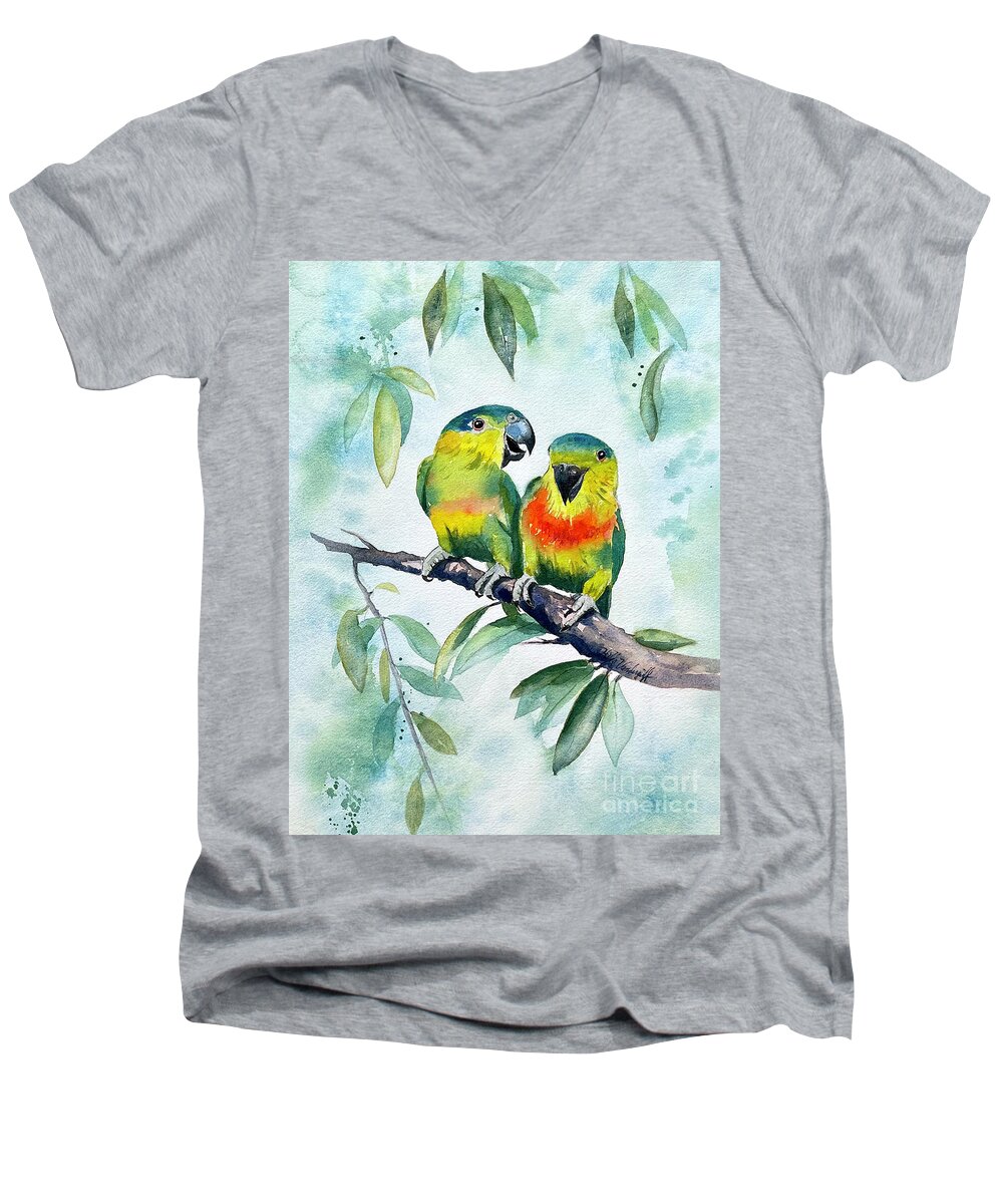 Birds Men's V-Neck T-Shirt featuring the painting Love Birds #1 by Hilda Vandergriff
