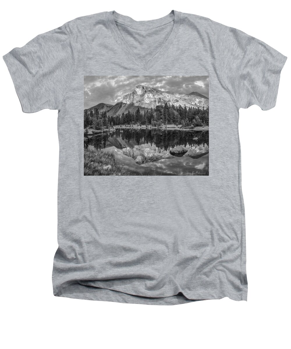 Reflection Men's V-Neck T-Shirt featuring the photograph Mount Dana from alpine tarn at Tioga Pas #1 by Tim Fitzharris