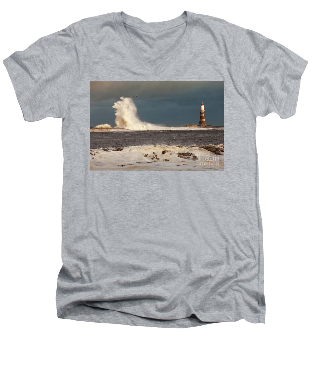 Pier Men's V-Neck T-Shirt featuring the photograph Roker Storm #1 by Bryan Attewell