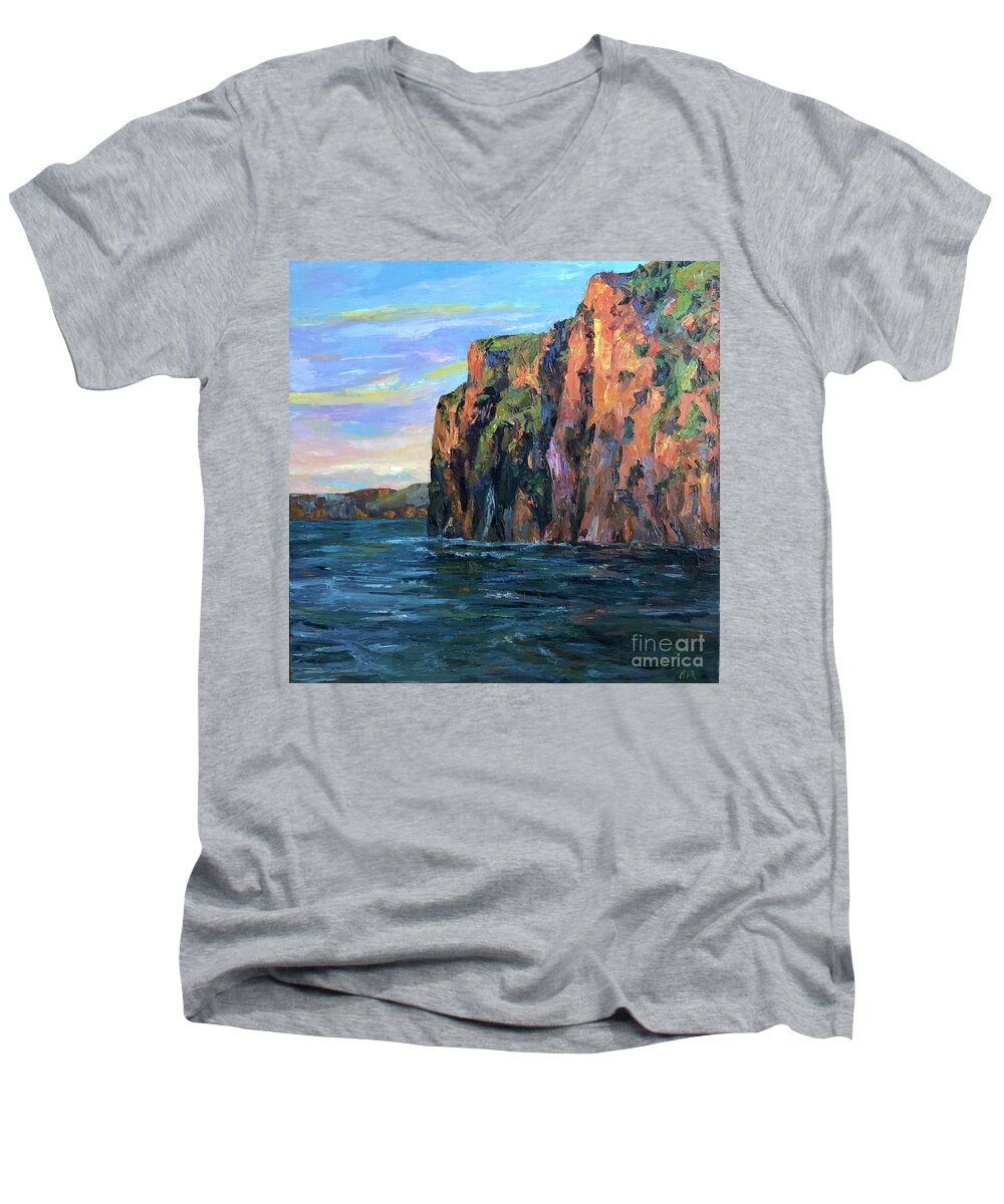 Sunset Men's V-Neck T-Shirt featuring the painting Sunset #1 by Jieming Wang