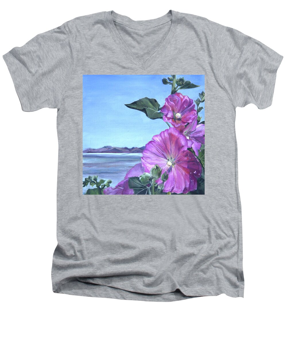 Hollyhocks Men's V-Neck T-Shirt featuring the painting View of the Great Salt Lake #2 by Nila Jane Autry
