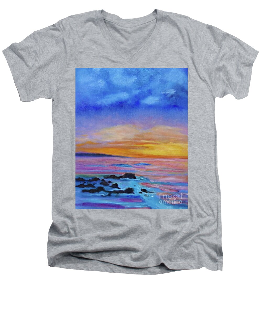 Beach Men's V-Neck T-Shirt featuring the painting Sunset Beach by Jenny Lee