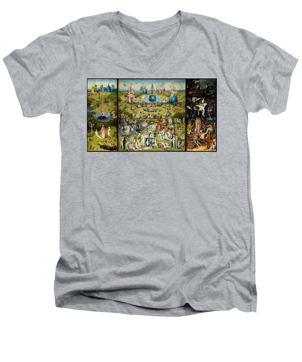 Hieronymus Bosch Men's V-Neck T-Shirt featuring the painting The Garden Of Earthly Delights #1 by Hieronymus Bosch