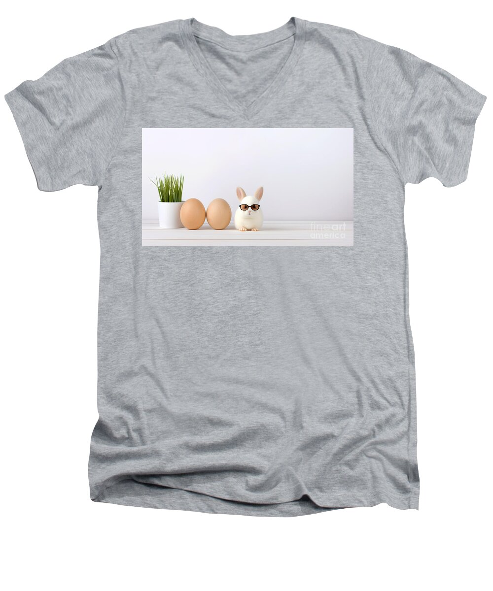  Easter Men's V-Neck T-Shirt featuring the digital art A cute white bunny with sunglasses and eggs in front of an isolated background. by Odon Czintos