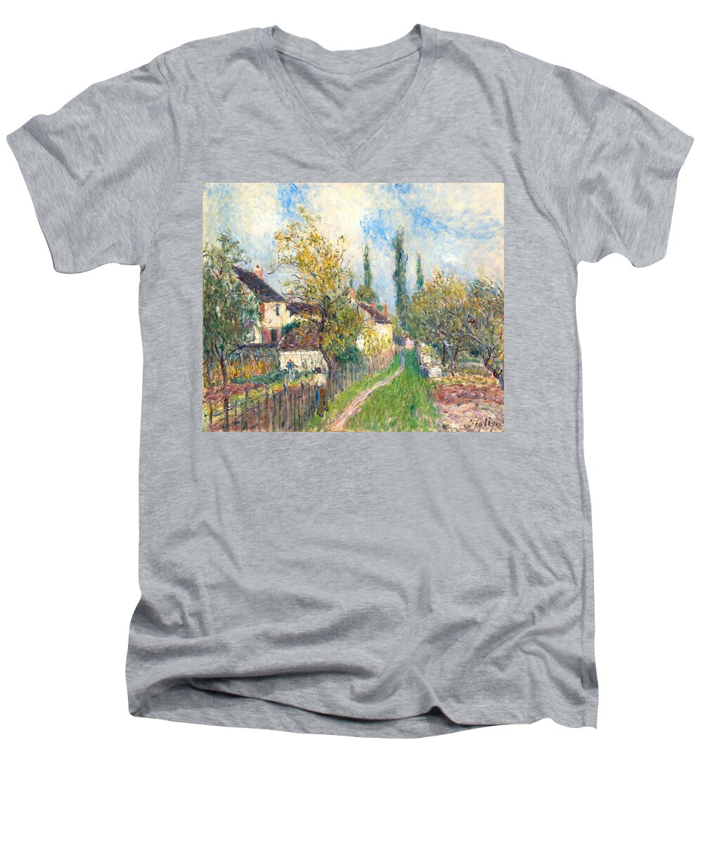  Men's V-Neck T-Shirt featuring the painting A path at Les Sablons by Alfred Sisley