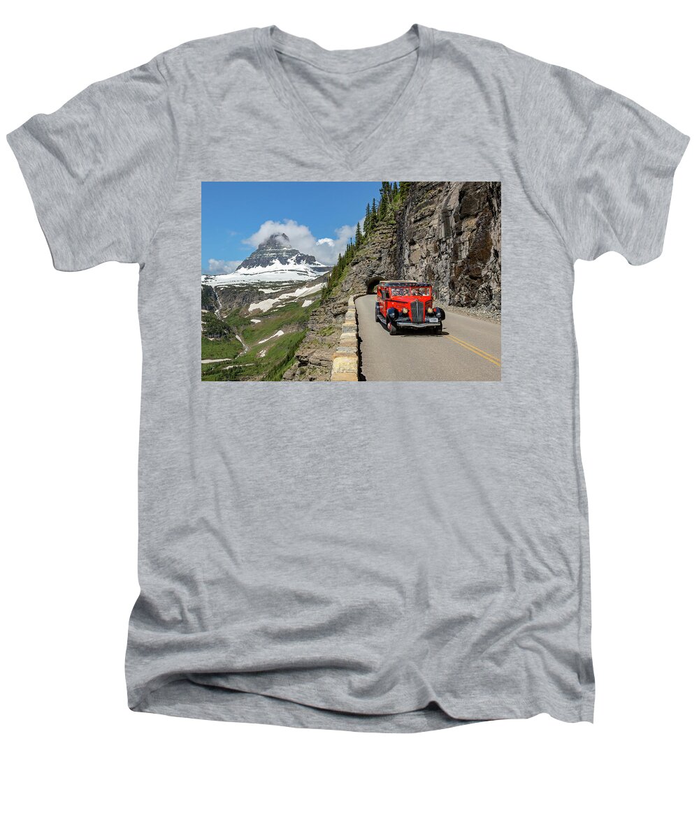Red Bus Men's V-Neck T-Shirt featuring the photograph A Ride to Remember by Jack Bell