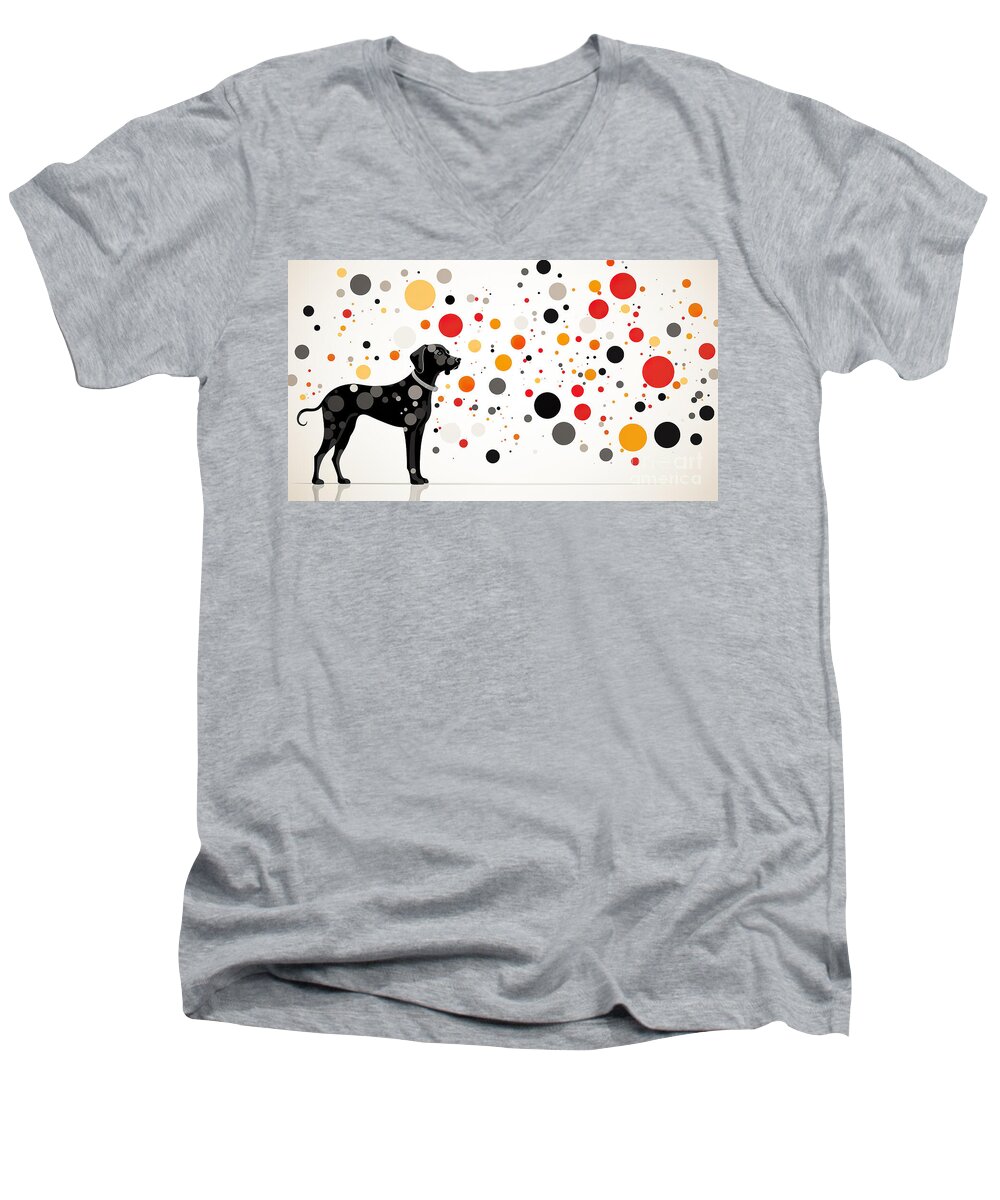 Dog Men's V-Neck T-Shirt featuring the digital art A silhouette of a black dog against a backdrop of scattered, colorful circles in various sizes by Odon Czintos