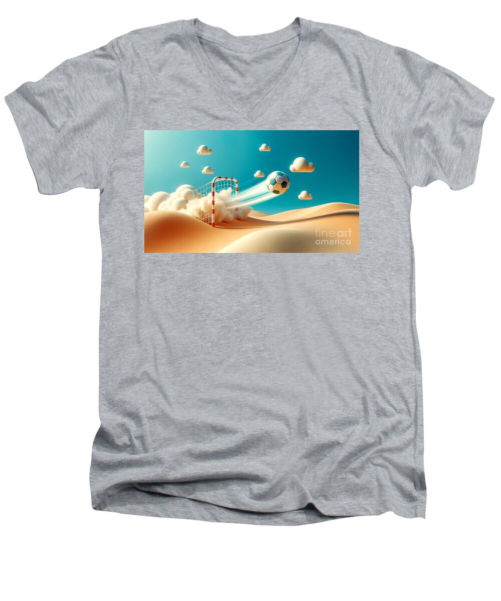 Soccer Men's V-Neck T-Shirt featuring the digital art A soccer ball is dynamically captured in motion as it heads towards a goal net on a sandy by Odon Czintos