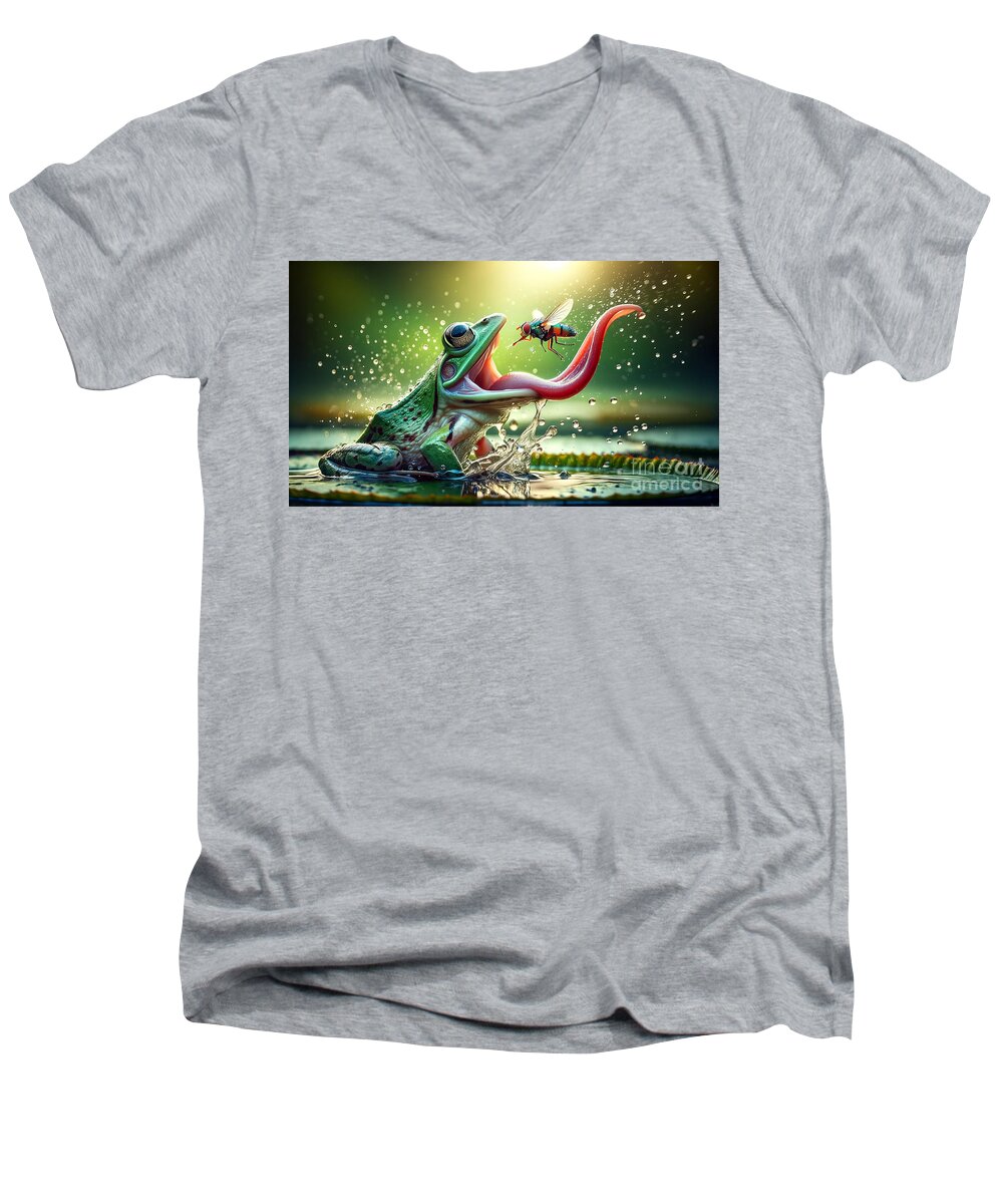  Frog Men's V-Neck T-Shirt featuring the digital art A vibrant frog with a stretched-out tongue about to catch a hovering fly by Odon Czintos