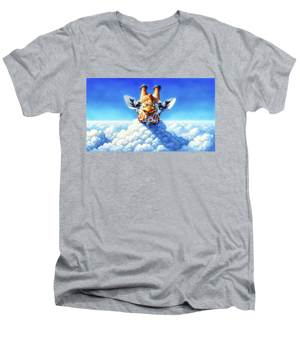 Whimsical Men's V-Neck T-Shirt featuring the digital art A whimsical illustration of a giraffe head poking through fluffy white clouds by Odon Czintos