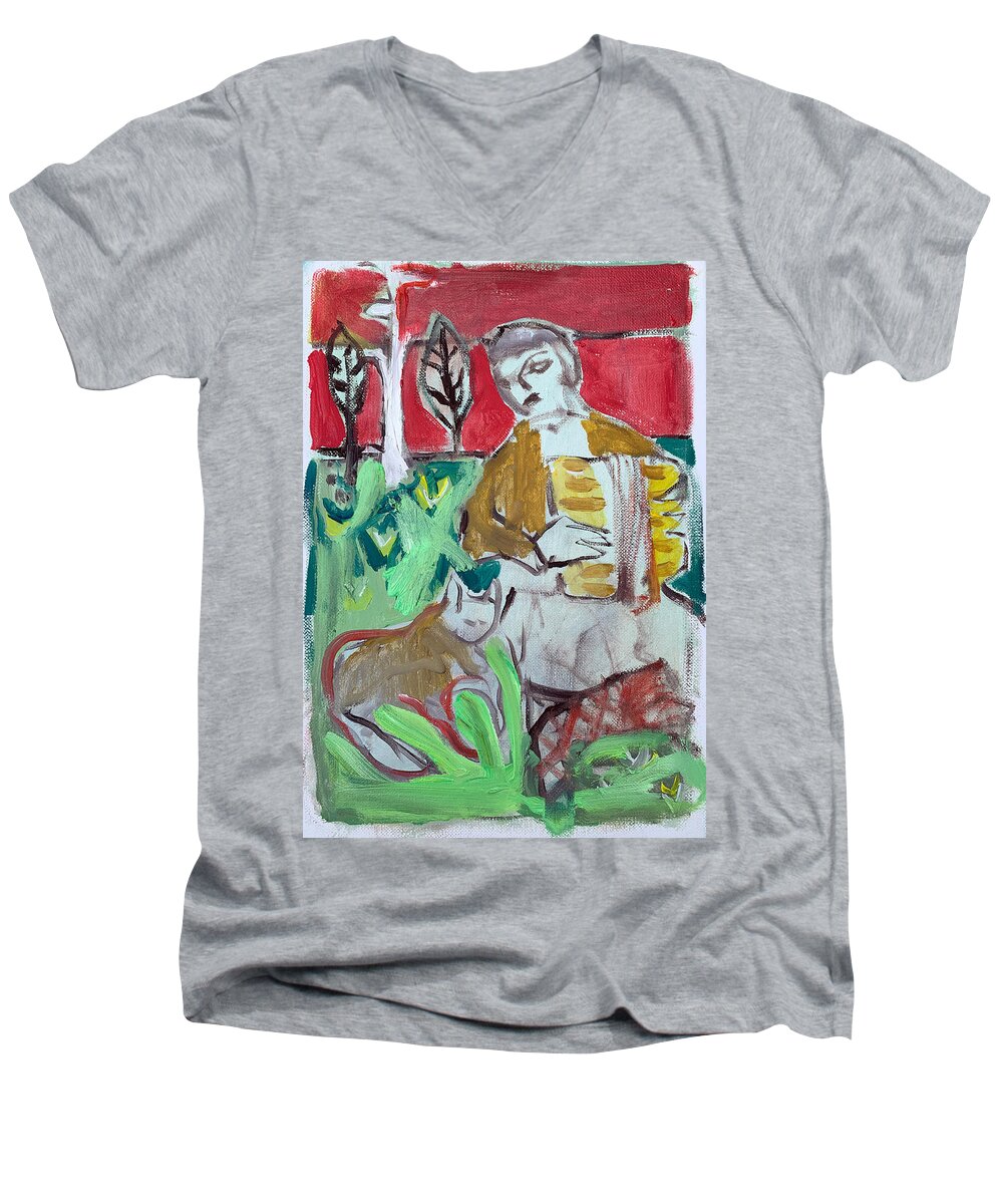 Accordion Men's V-Neck T-Shirt featuring the painting Accordion player and cat by Edgeworth Johnstone