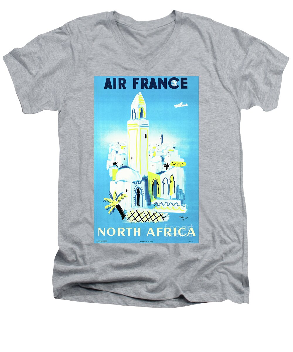 Air Men's V-Neck T-Shirt featuring the digital art Air France North Africa Vintage Retro Travel Poster by Peter Ogden