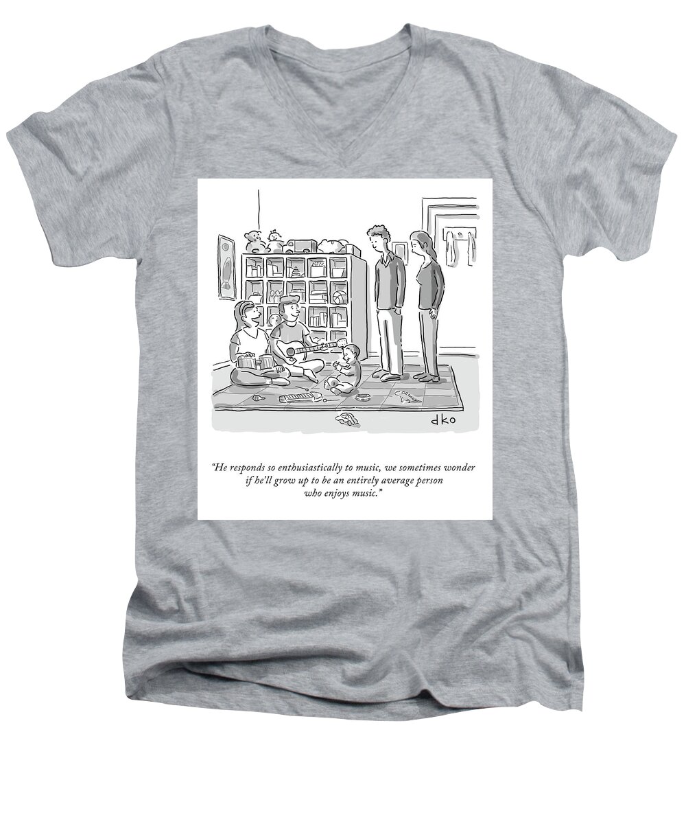 he Responds So Enthusiastically To Music Men's V-Neck T-Shirt featuring the drawing An Entirely Average Person by David Ostow