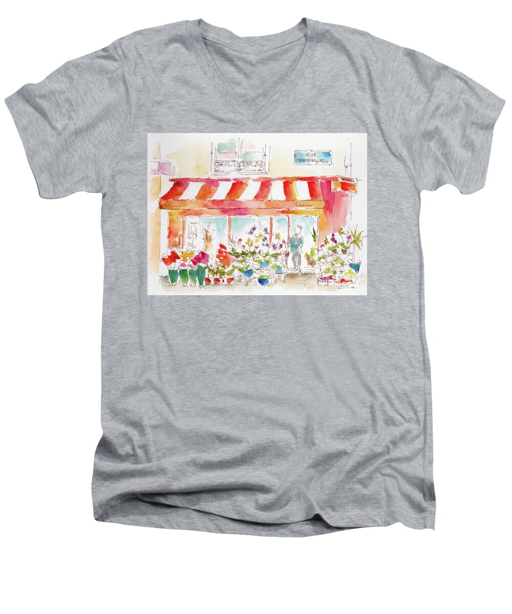 Impressionism Men's V-Neck T-Shirt featuring the painting Anais Flower Shop Paris by Pat Katz