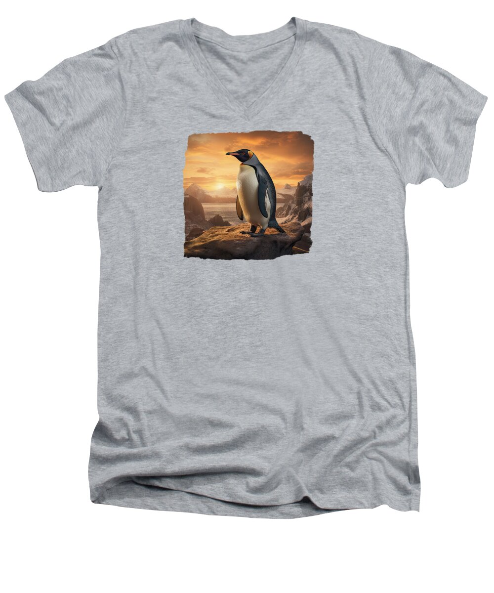 Penguin Men's V-Neck T-Shirt featuring the digital art Antarctica Sunset Penguin by Elisabeth Lucas