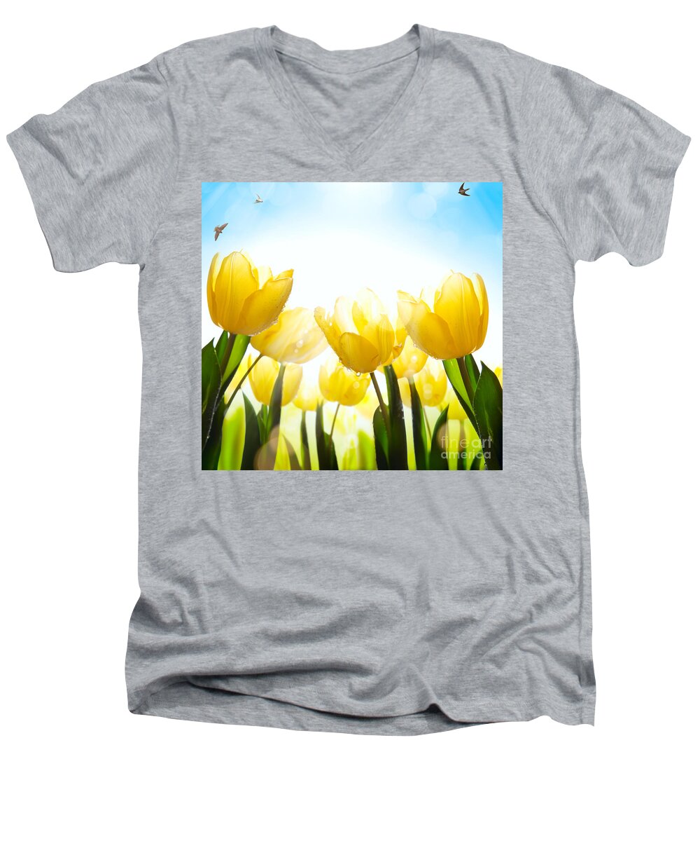 Spring Flower Men's V-Neck T-Shirt featuring the photograph Art Spring Floral Background Fresh Tulip Flower On Blue Sky Bac by Boon Mee
