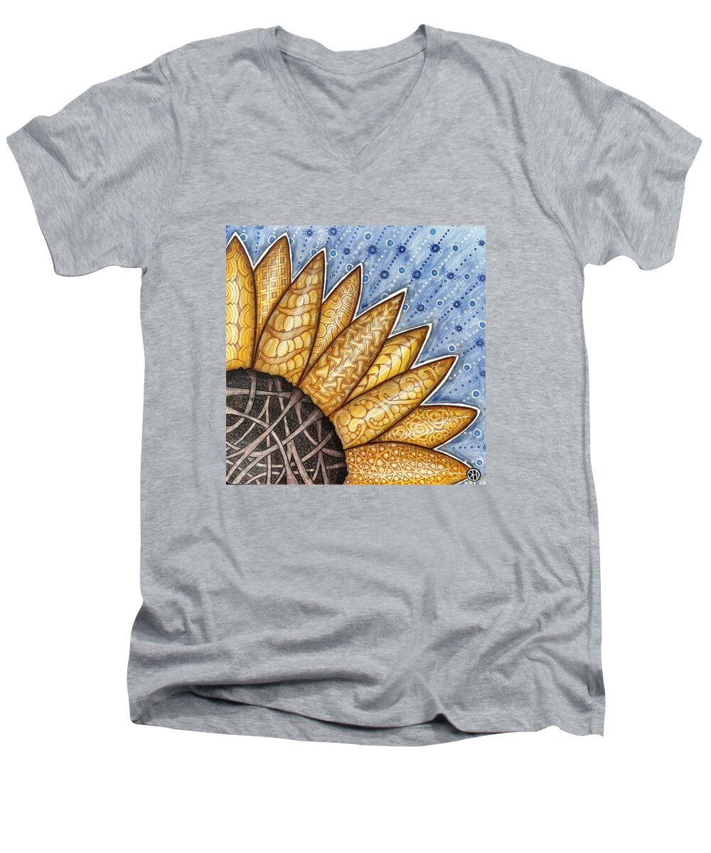 Ukraine Men's V-Neck T-Shirt featuring the mixed media Sunflower for Ukraine - All Artist Proceeds to Support the Ukrainian People by Heidi Kay