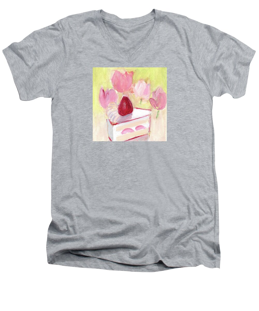 Cake And Tulips Men's V-Neck T-Shirt featuring the painting Cake and Tulips by Kazumi Whitemoon