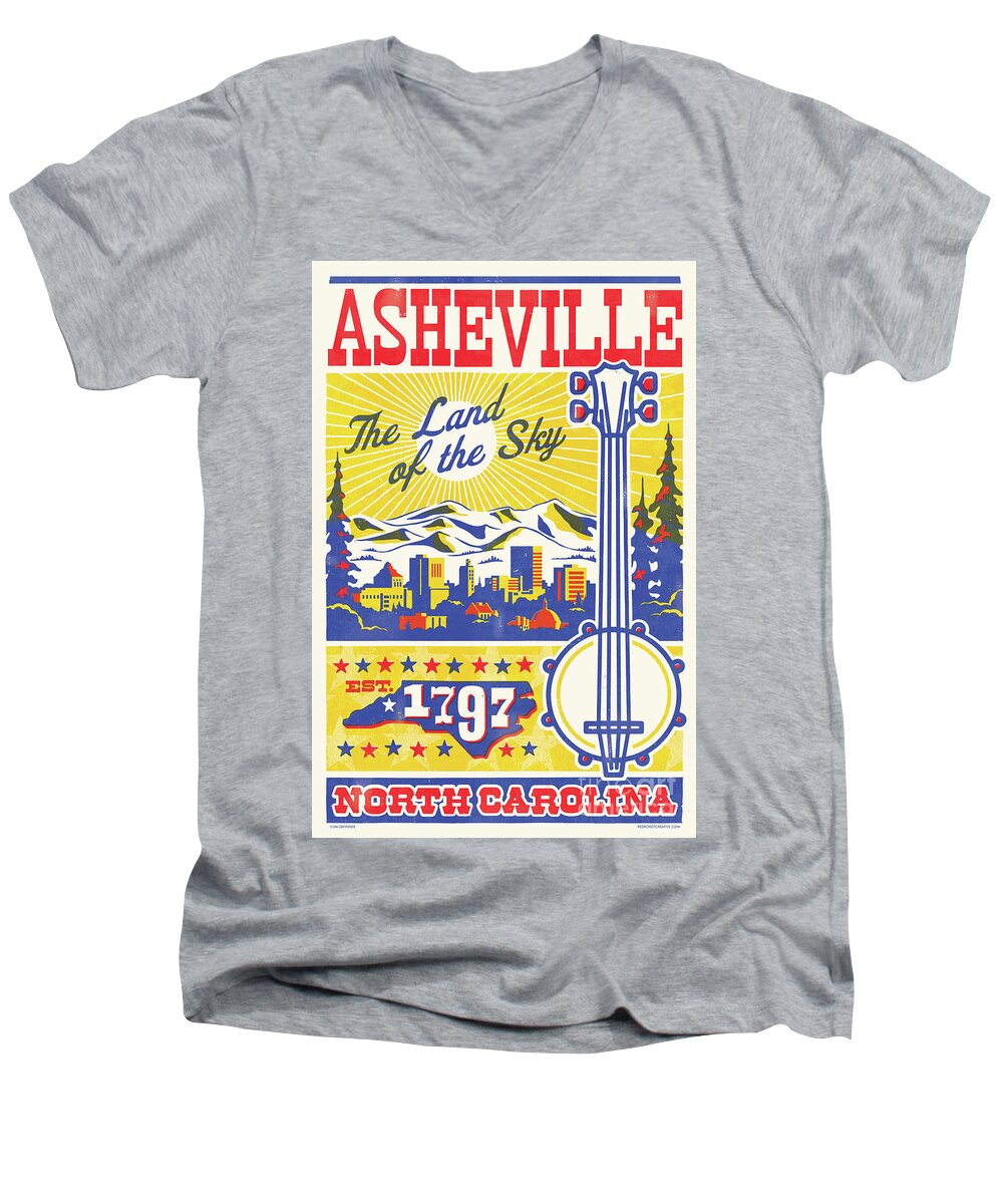 Travel Poster Men's V-Neck T-Shirt featuring the digital art Asheville Rustic Letterpress Style Travel Poster by Jim Zahniser