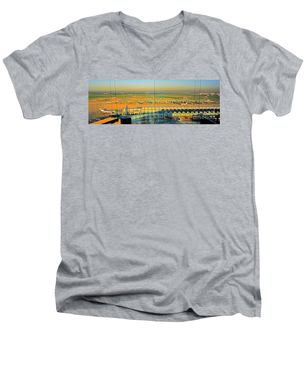 Atc Men's V-Neck T-Shirt featuring the photograph ATControl tower ord ramp ua  Chicago by Tom Jelen