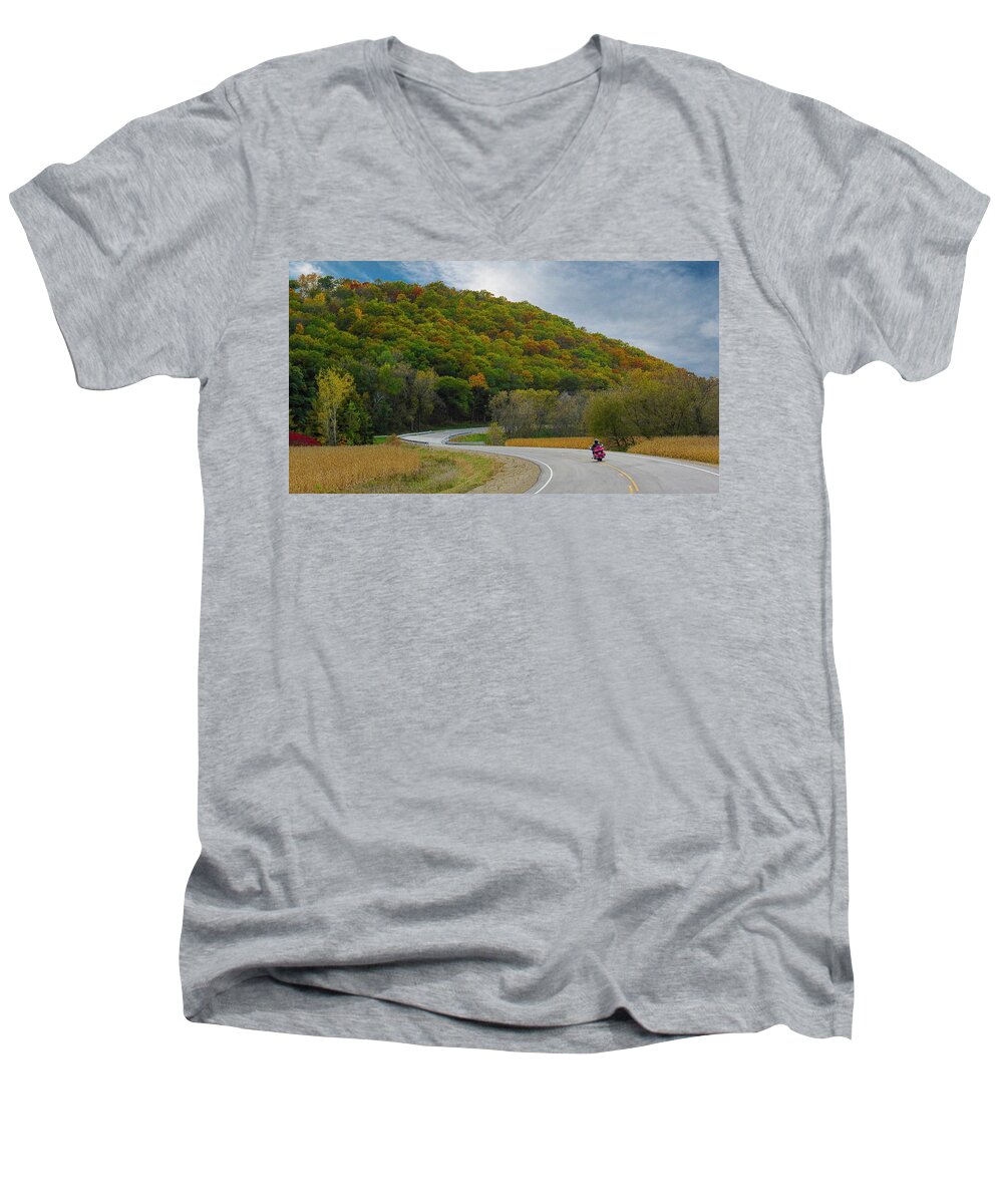 Autumn Men's V-Neck T-Shirt featuring the photograph Autumn Motorcycle Rider / Red by Patti Deters