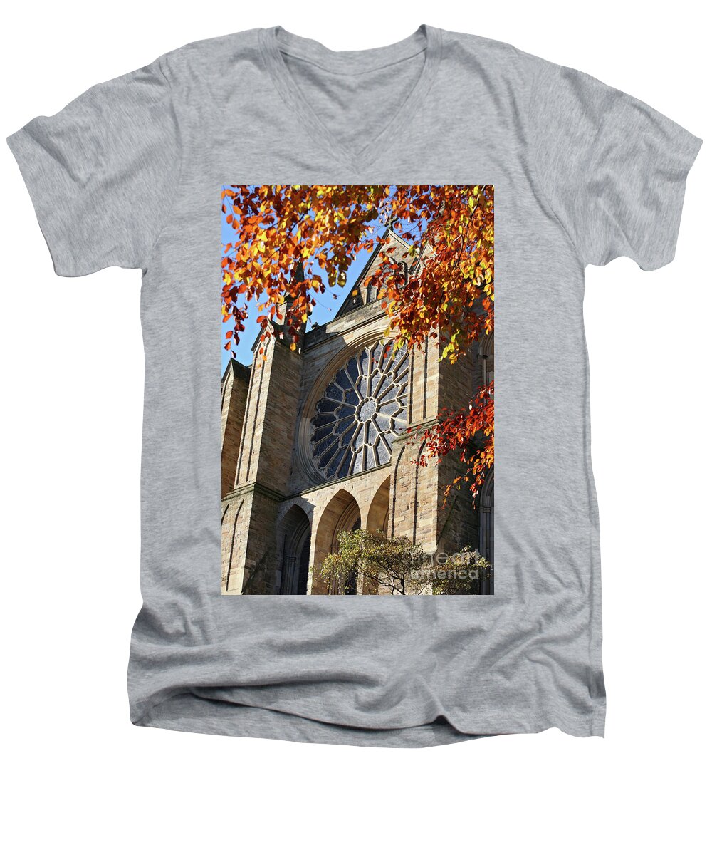 Durham Cathedral Men's V-Neck T-Shirt featuring the photograph Autumn view of Durham Cathedral rose window by Bryan Attewell