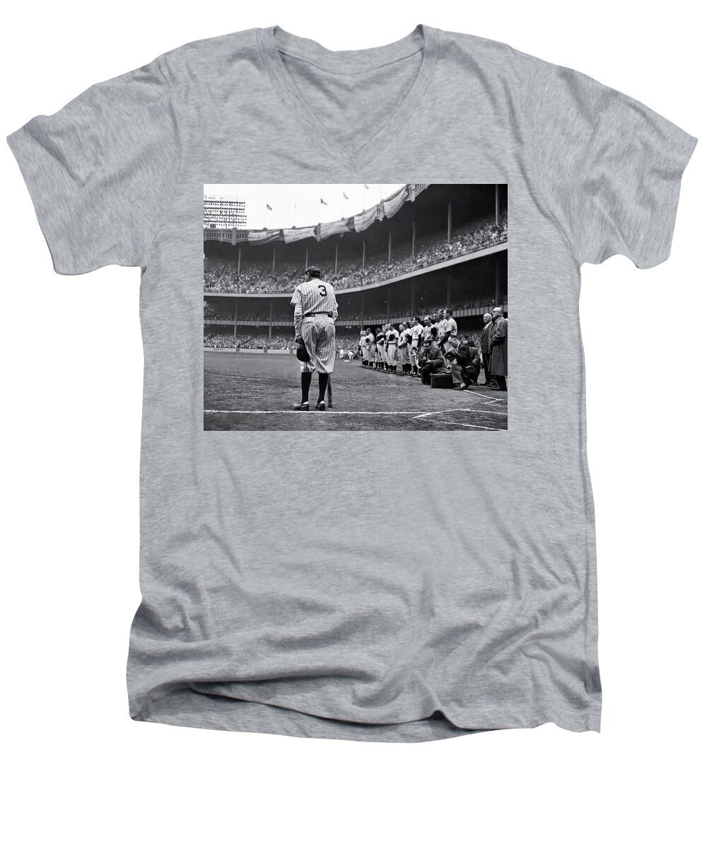 Babe Ruth Men's V-Neck T-Shirt featuring the photograph Babe Ruth Farewell by Mountain Dreams