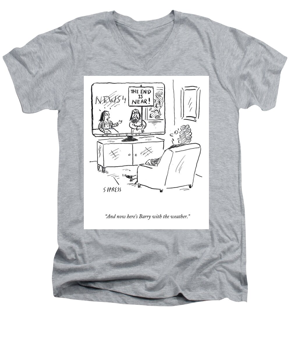 “and Now Here’s Barry With The Weather.” Men's V-Neck T-Shirt featuring the drawing Barry with the Weather by David Sipress