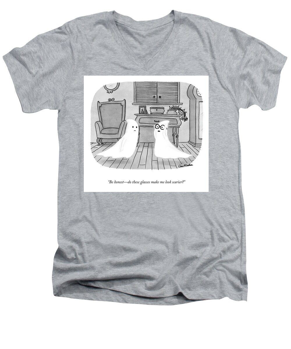 “be Honest—do These Glasses Make Me Look Scarier?” Men's V-Neck T-Shirt featuring the drawing Be Honest by Dan Misdea