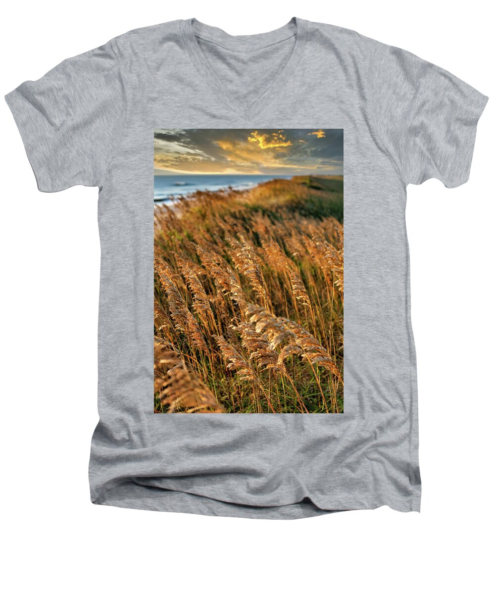 Beach Men's V-Neck T-Shirt featuring the photograph Beach Sea Oats Sunrise 703 by Dan Carmichael