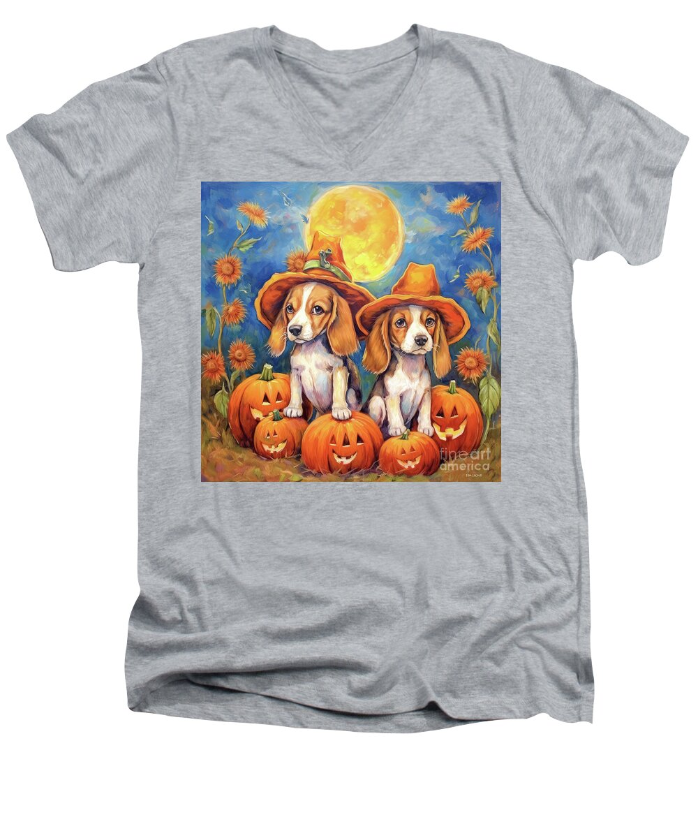 Halloween Men's V-Neck T-Shirt featuring the painting Beagles In The Pumpkin Patch by Tina LeCour