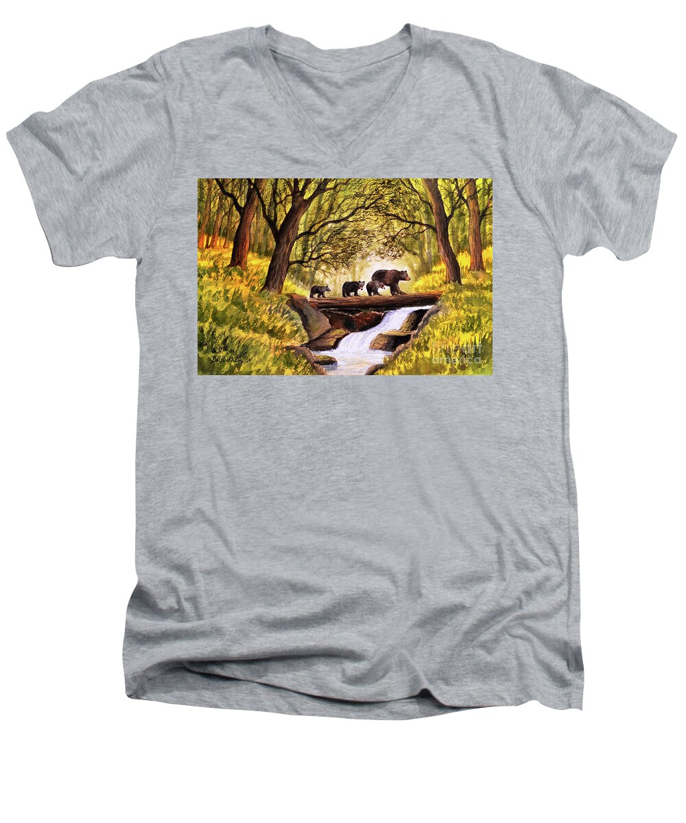 Brown Bears Men's V-Neck T-Shirt featuring the painting Bears Crossing At Waterfall Creek by Bill Holkham