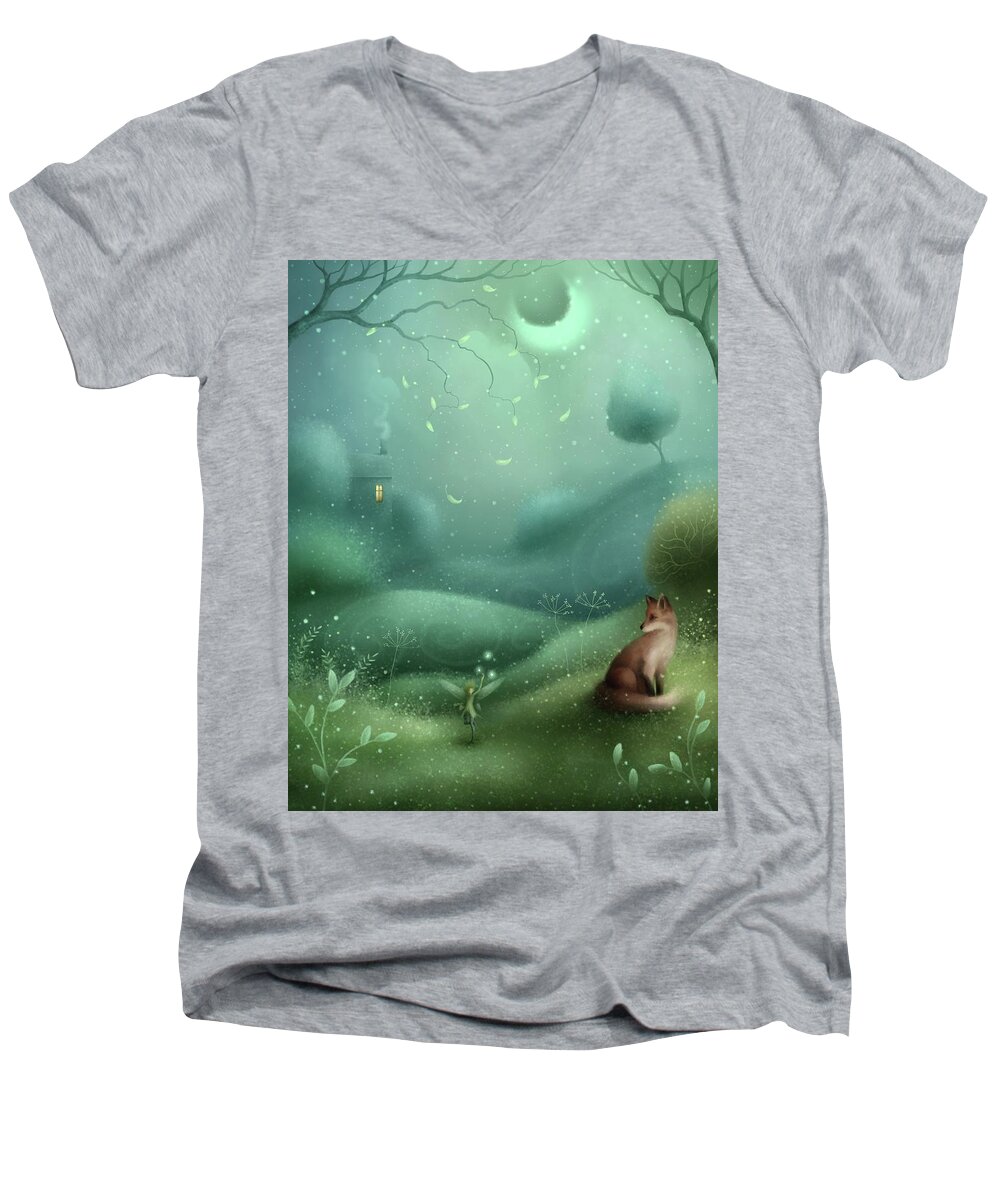 Landscape Men's V-Neck T-Shirt featuring the painting Beneath A Fairy Moon by Joe Gilronan