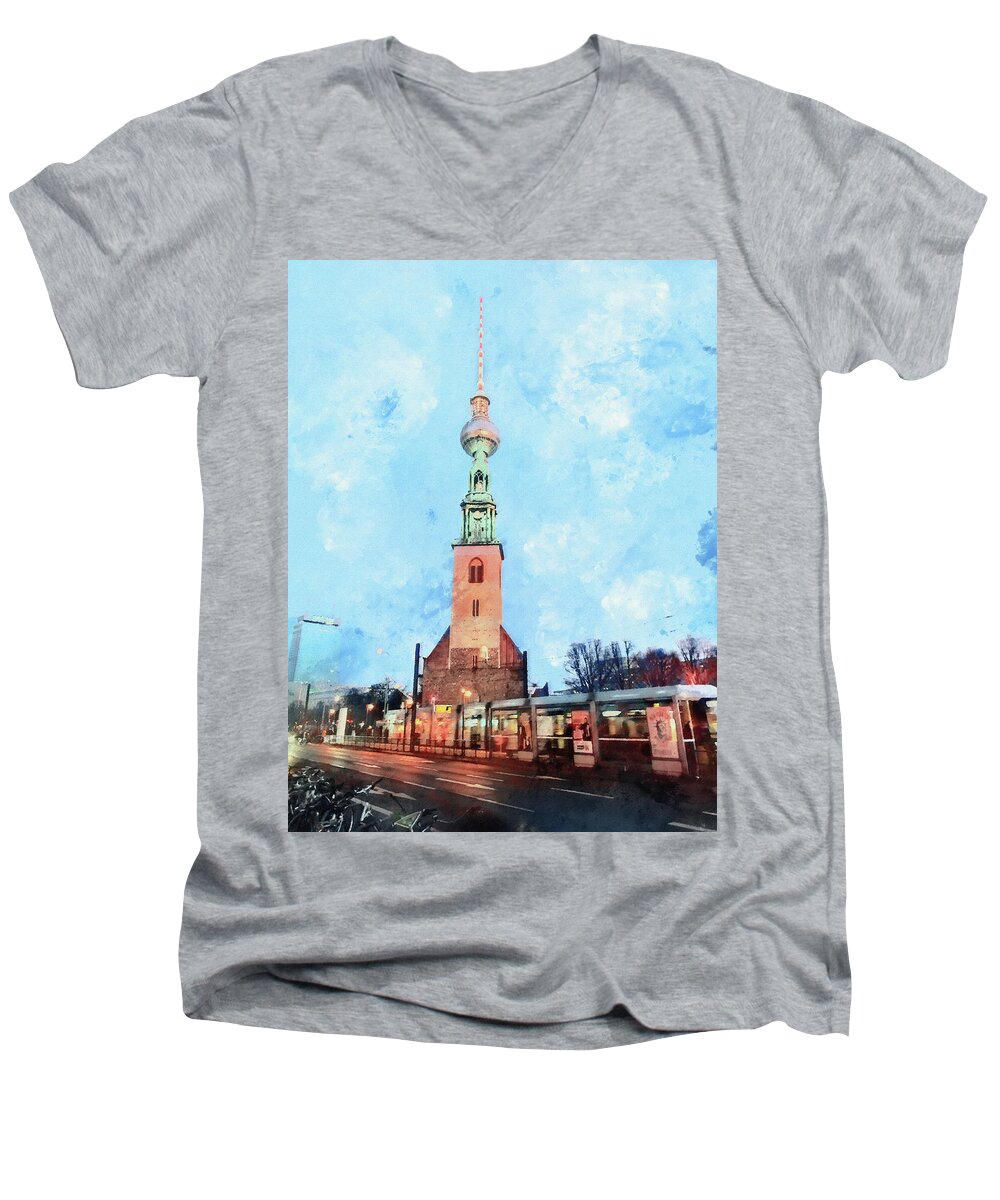 Berlin Men's V-Neck T-Shirt featuring the painting Berlin. St. Mary's Church and TV Tower. by Alex Mir