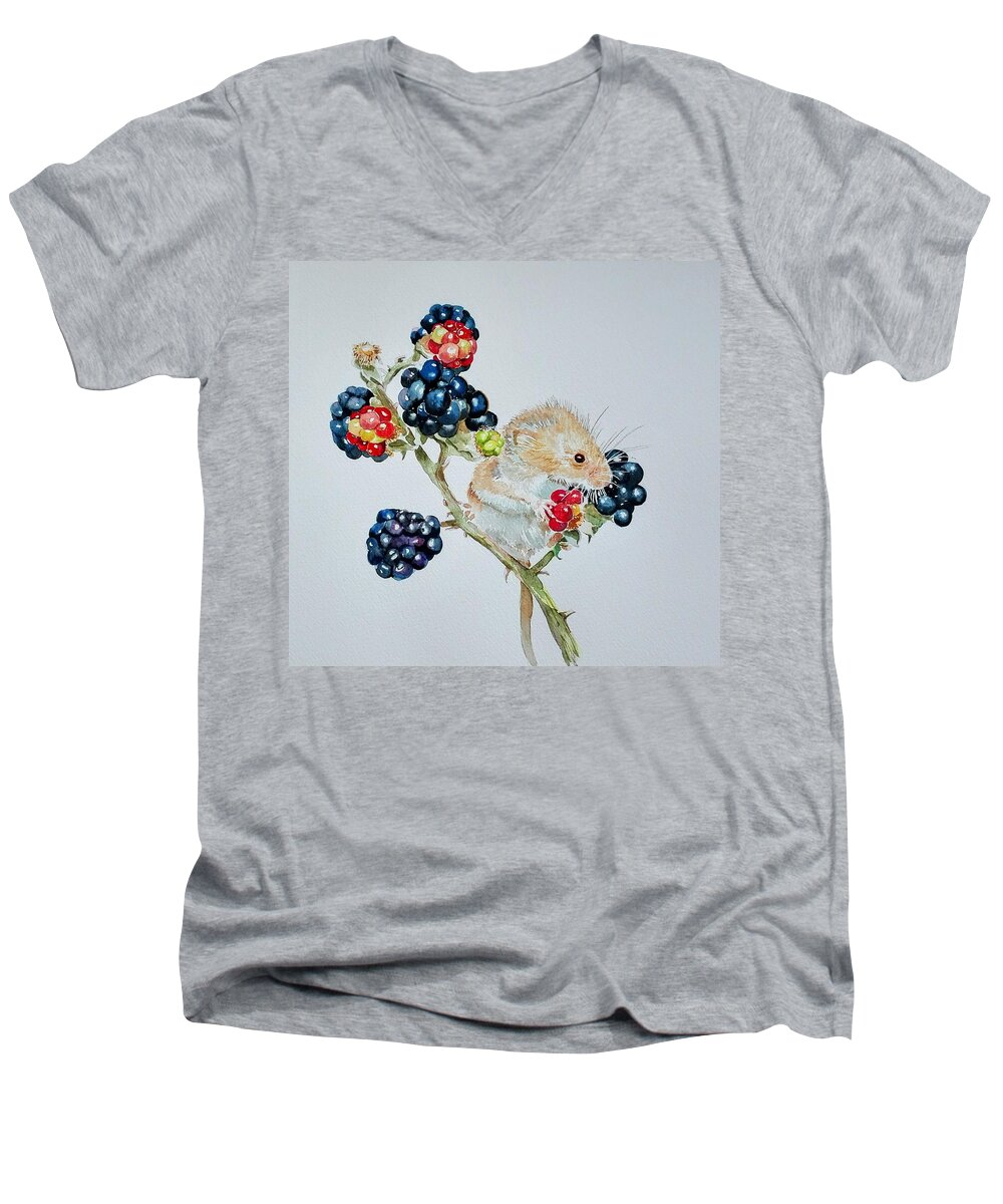 Mouse Men's V-Neck T-Shirt featuring the painting Berry Mouse by Sandie Croft