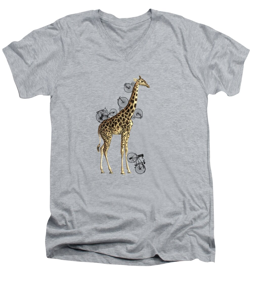 Giraffe Men's V-Neck T-Shirt featuring the digital art Bicycle giraffe by Madame Memento