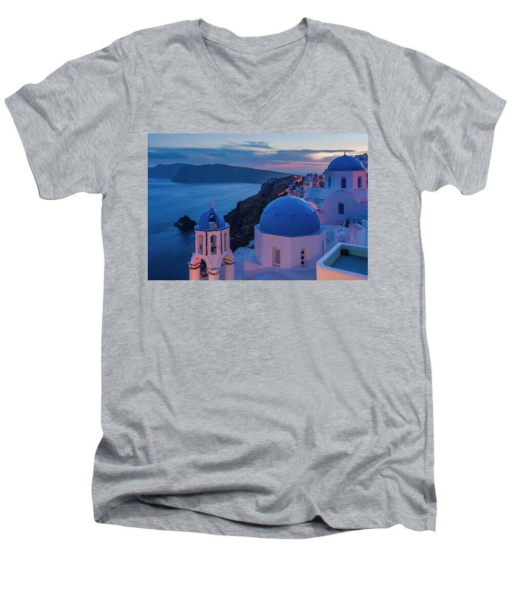 Aegean Sea Men's V-Neck T-Shirt featuring the photograph Blue Domes Of Santorini by Evgeni Dinev