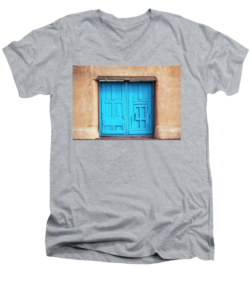 Adobe Men's V-Neck T-Shirt featuring the photograph Blue Door by Roselynne Broussard