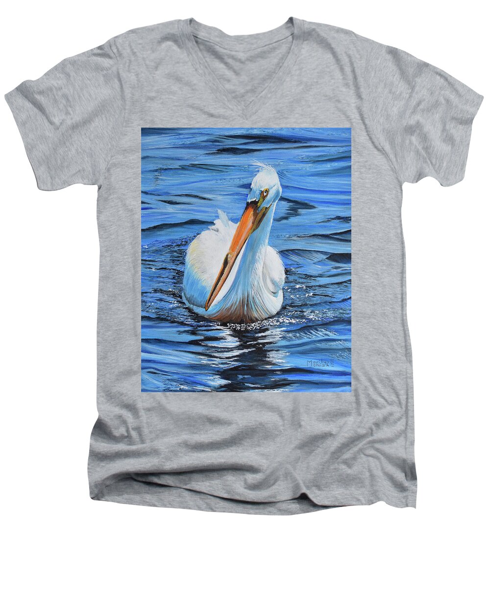 Pelican Men's V-Neck T-Shirt featuring the painting Blue-Eyed Pete by Marilyn McNish