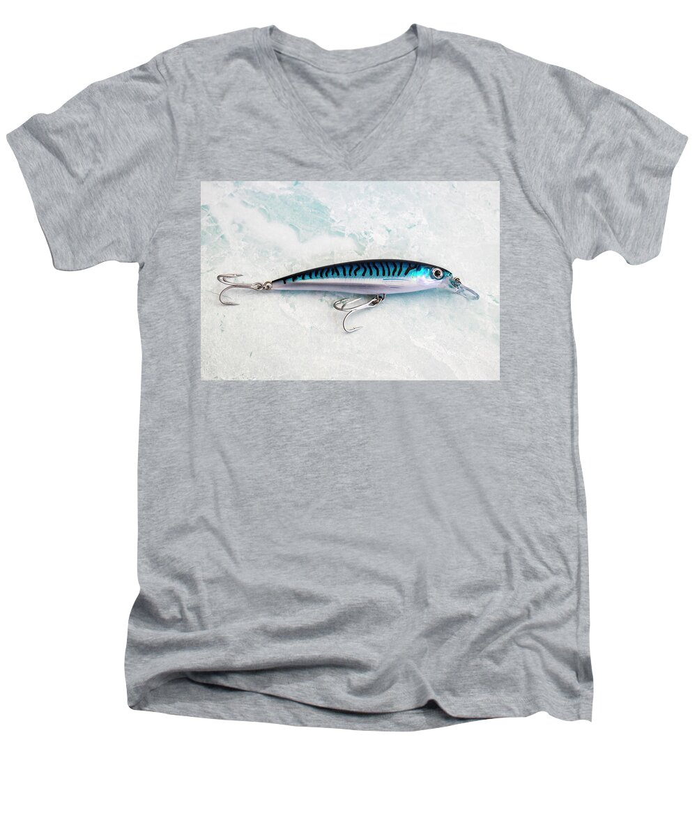 Fish Men's V-Neck T-Shirt featuring the photograph Blue Mackerel Fishing Lure by Blair Damson